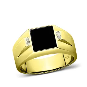 10K Solid Gold Fine Men's Ring Black Onyx and 4 Genuine Diamonds