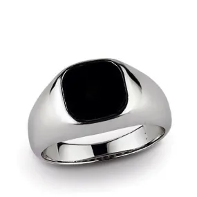 10k Solid White Gold With Natural Flat Black Onyx Gemstone