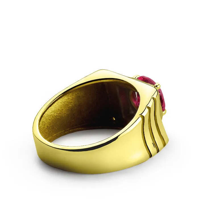 10k Yellow Solid Gold Men's Ring with Ruby Gemstone and Genuine Diamonds