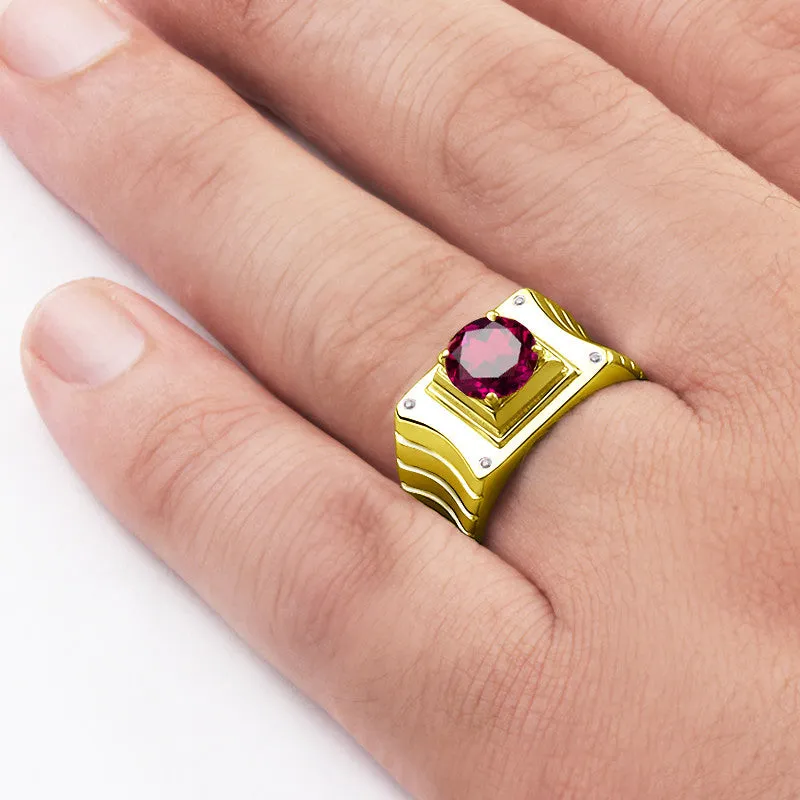 10k Yellow Solid Gold Men's Ring with Ruby Gemstone and Genuine Diamonds