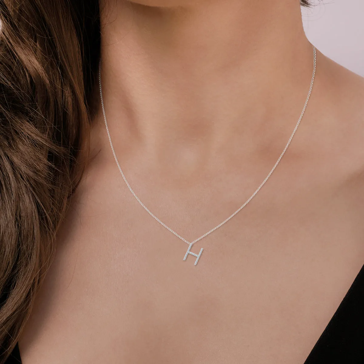 1/6 Carat Tw H Initial Diamond Pendant Necklace In 10K White Gold With Adjustable Chain