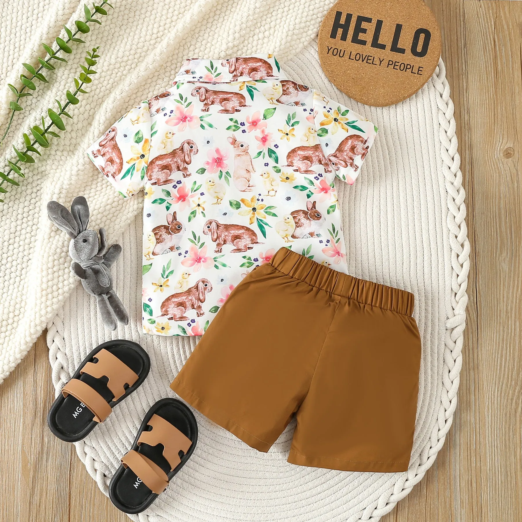 2 Pieces Set Baby Kid Boys Easter Animals Shirts And Solid Color Shorts Wholesale 24030141