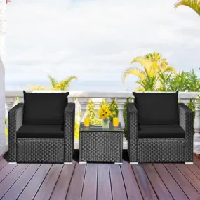 3 Pieces Patio Wicker Conversation Setwith Cushion-Black