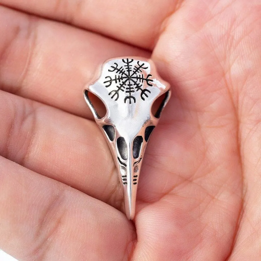 925 Sterling Silver Raven Skull and Helm of Awe Pendant