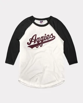 Aggies Baseball Script White & Black Raglan