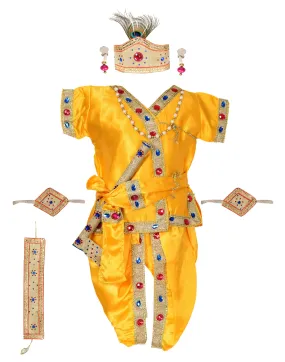 Ahhaaaa Satin Yellow Platinum Krishna Dress Kurta Dhoti with Accessories for Boys