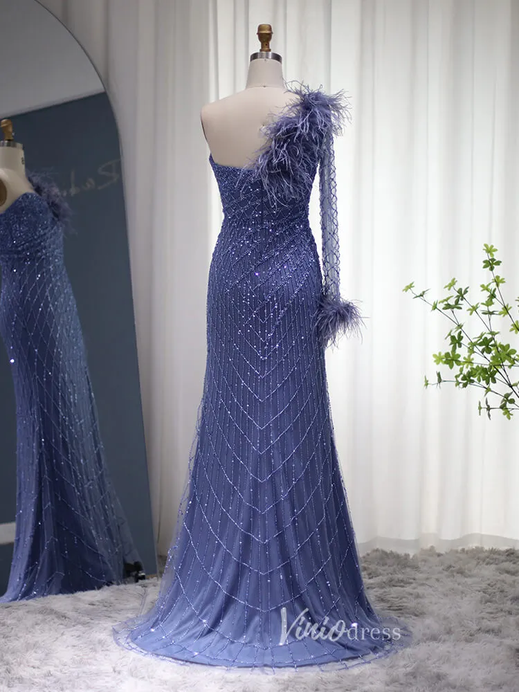 Beaded Navy Blue Prom Dresses One Shoulder Feather Long Sleeve Evening Dress 2008