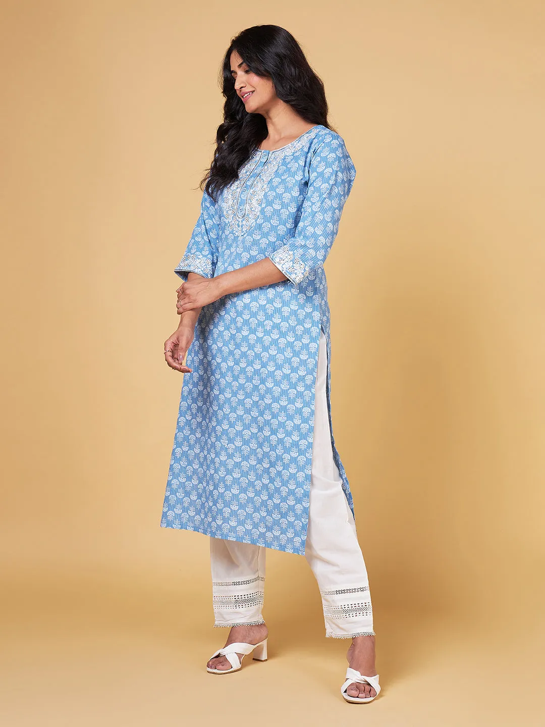 Blooming Melodies Blue Printed & Embroidered Yoke Straight Kurta Set