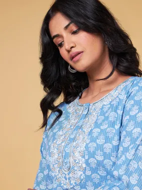 Blooming Melodies Blue Printed & Embroidered Yoke Straight Kurta Set