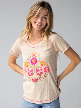 Boho Cotton Tee Shirt - Cream Folk Flower