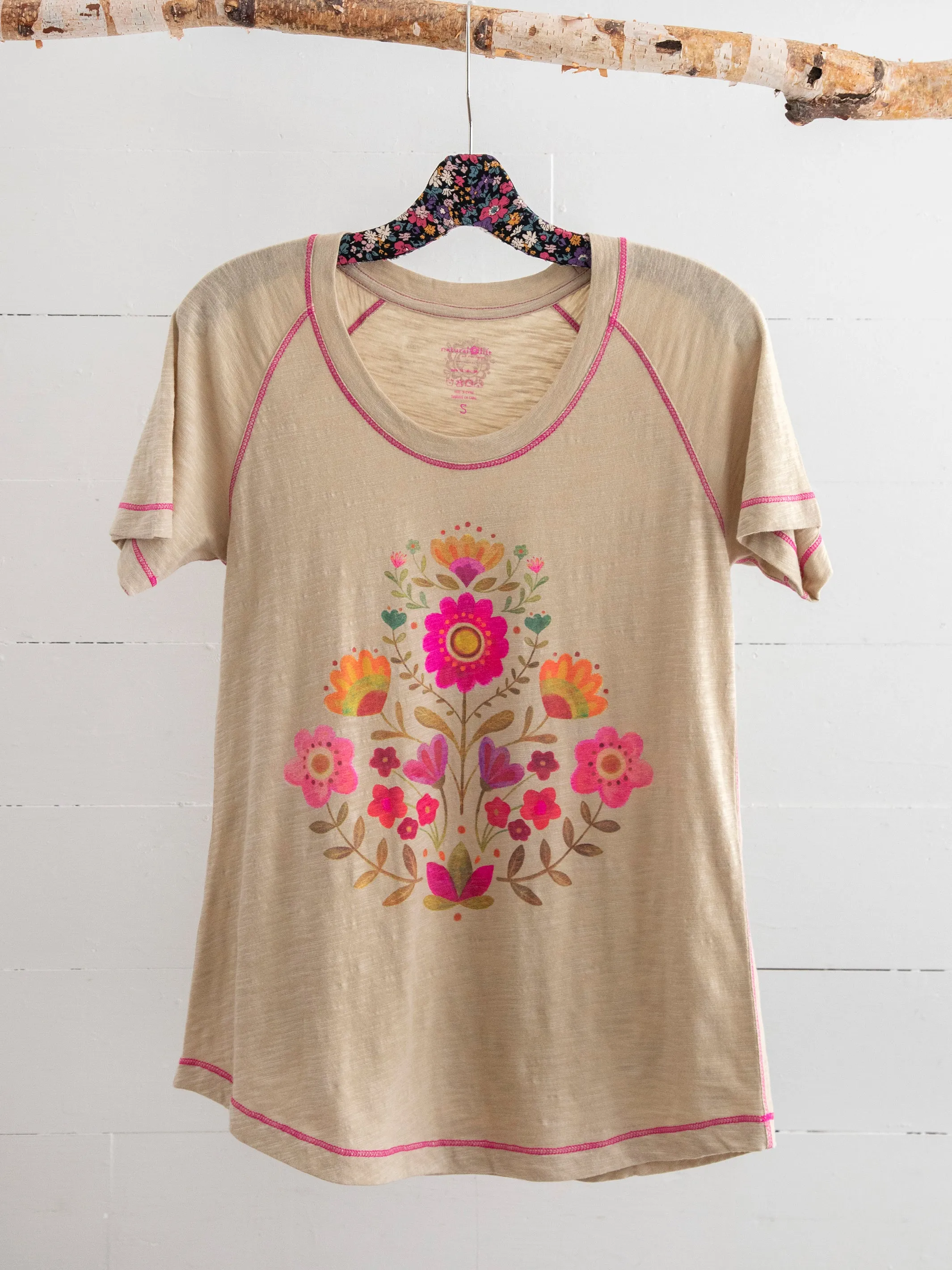 Boho Cotton Tee Shirt - Cream Folk Flower