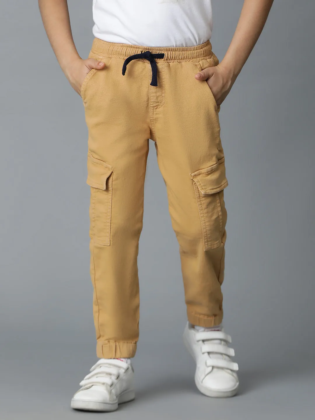 Boys Lycra Khakhi Slim Fit Joggers