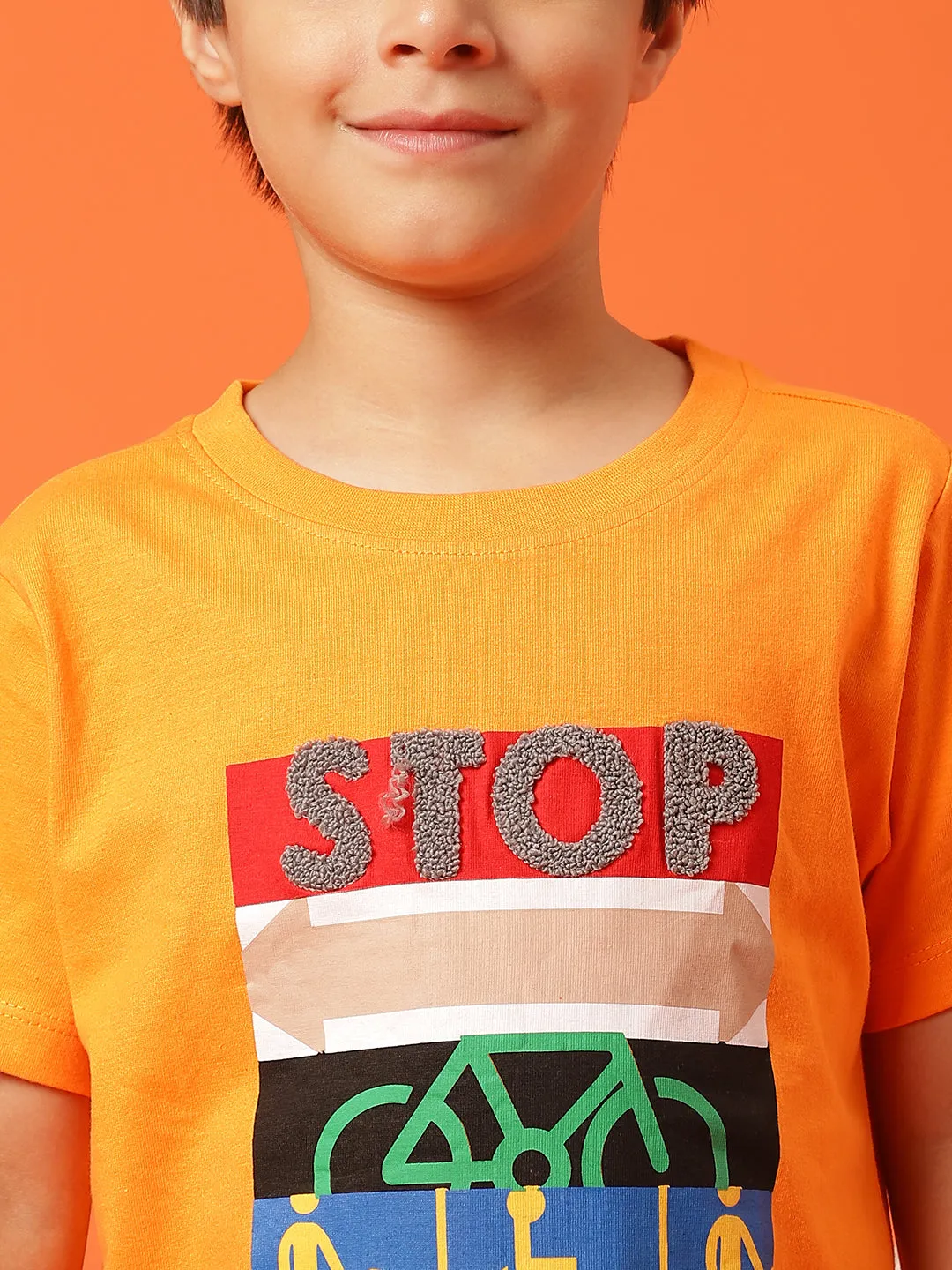 Boys Orange 100% Cotton Printed T-shirt