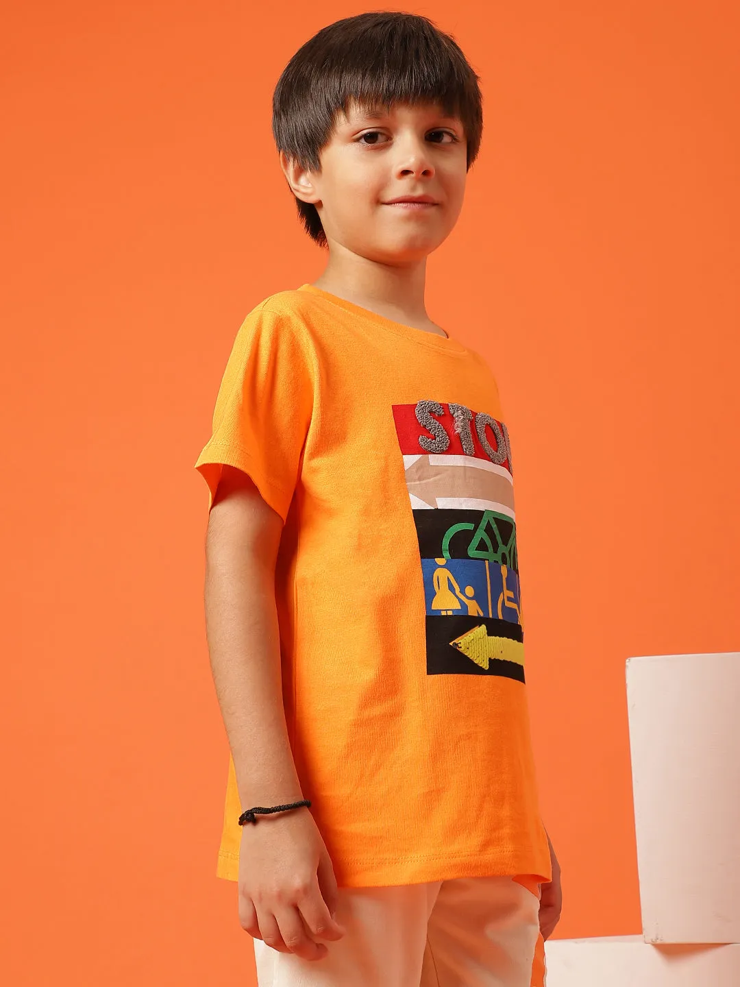 Boys Orange 100% Cotton Printed T-shirt