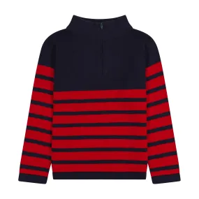 Cotton Boys Zip Sweater Navy Red Stripe