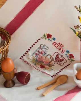 Cotton Tea Towel, Woven, Red border, with 16 count Aida Insert, for Cross Stitch Projects from CREATION POINT DE CROIX magazine