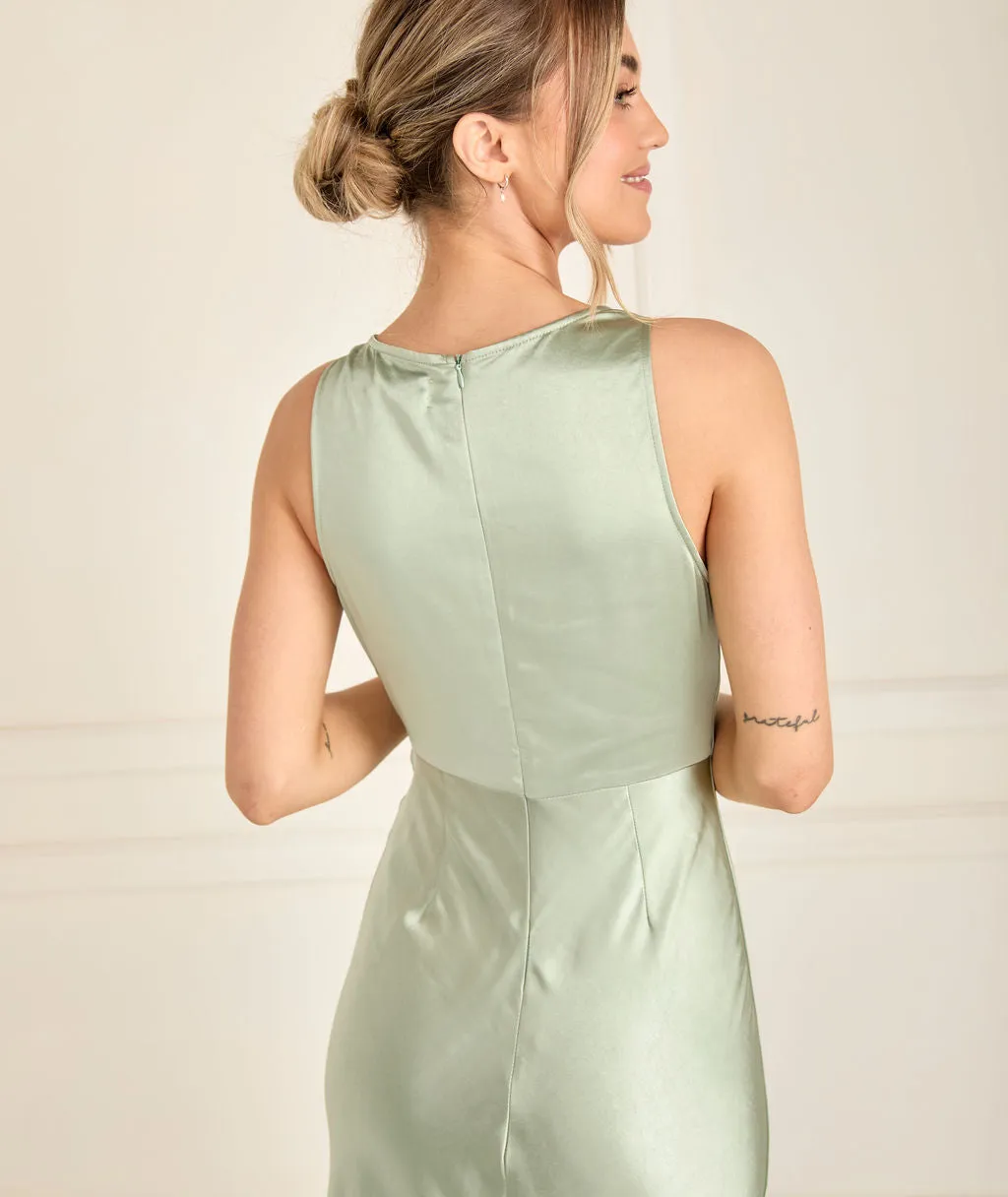 Cowl Front Satin Bridesmaid Dress - Sage