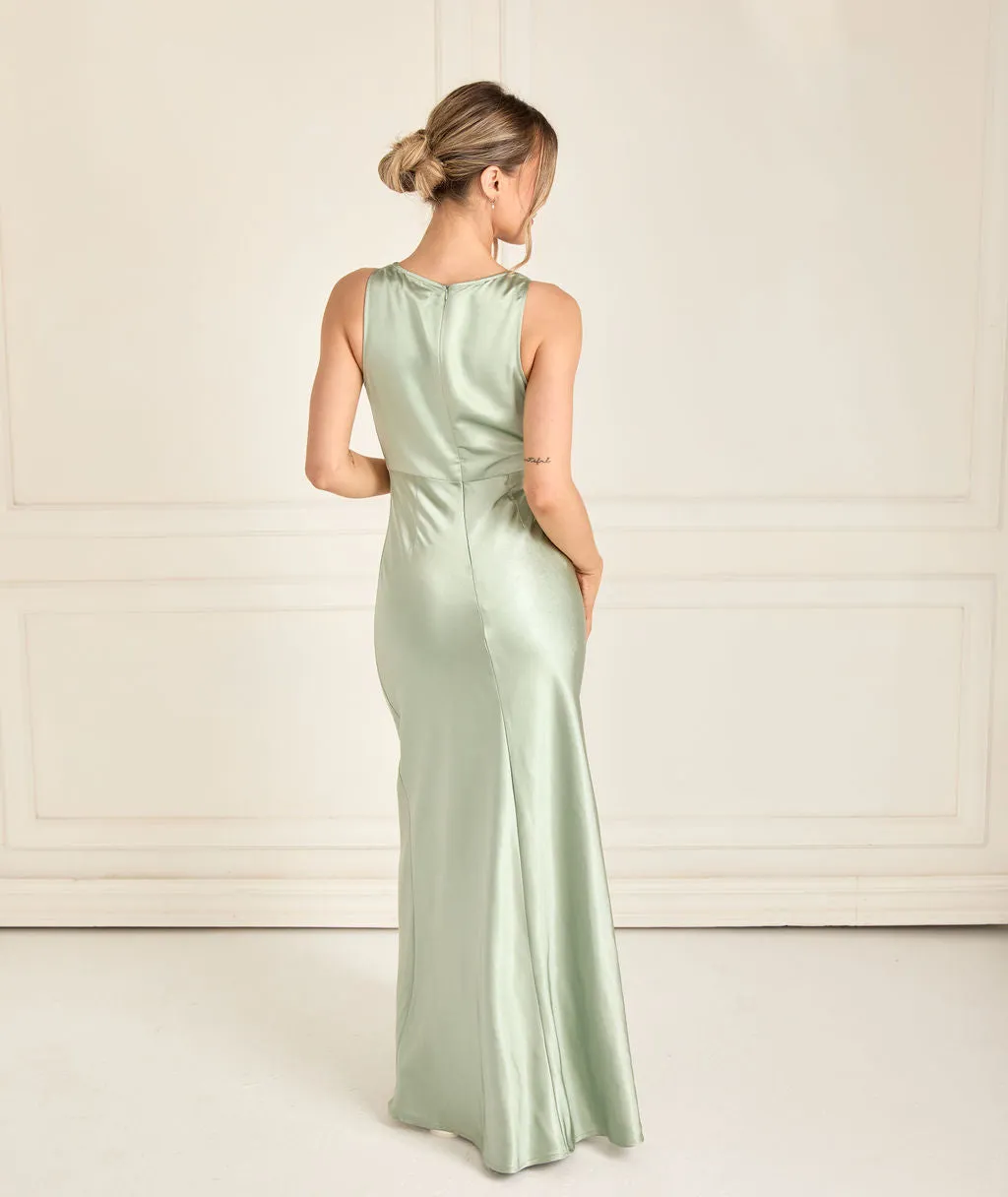 Cowl Front Satin Bridesmaid Dress - Sage