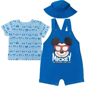 Disney Mickey Mouse French Terry Short Overalls T-Shirt and Hat 3 Piece Outfit Set