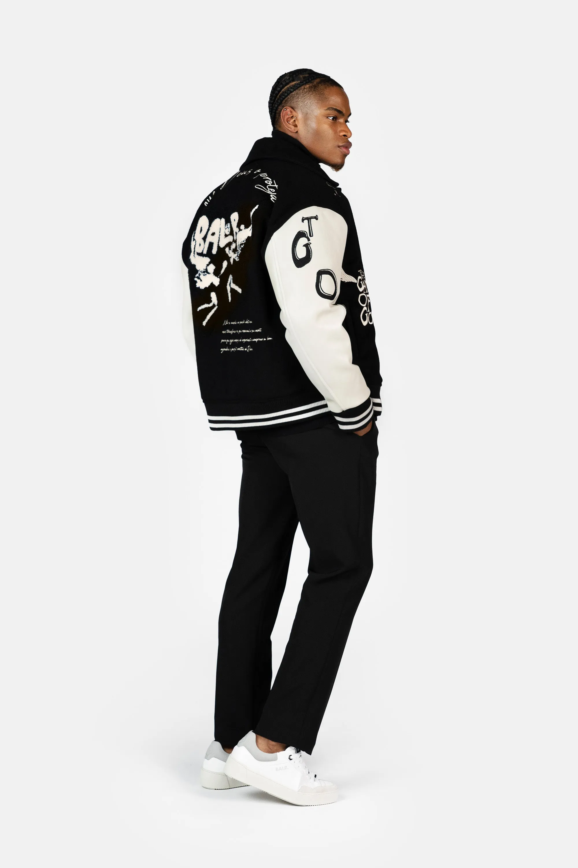 Game of the Gods Graffiti Box Fit Varsity Jacket Jet Black