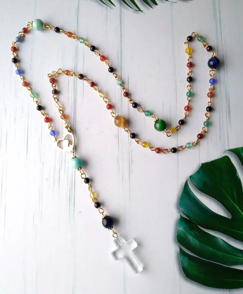 Gemstone Rosary with White Quartz Cross Necklace