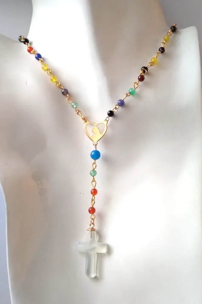 Gemstone Rosary with White Quartz Cross Necklace