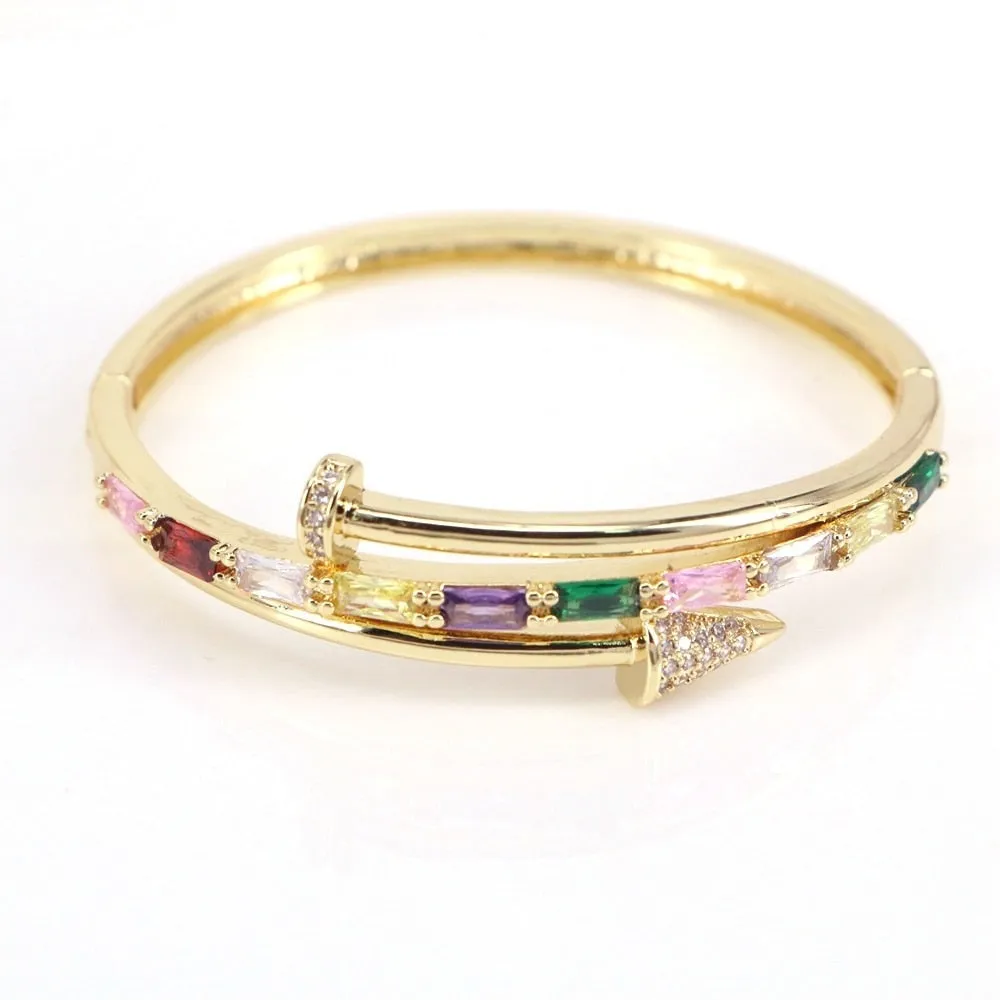 Gold Stainless-Steel Multi-Color Baguette Nail Hinged Bangle Bracelet