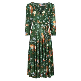 Green Floral & Bird Print 3/4 Sleeve Deep V Neck Wrap Top Tea Dress with Empire Waist