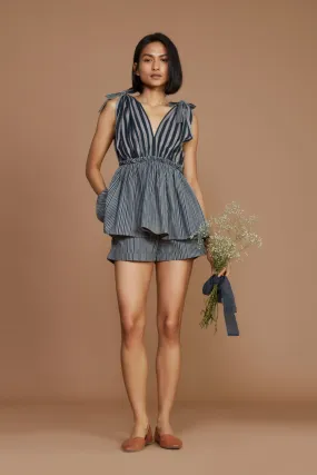 Grey With Charcoal Striped Frill Top and Shorts Co-Ord Set (Ready to Ship)