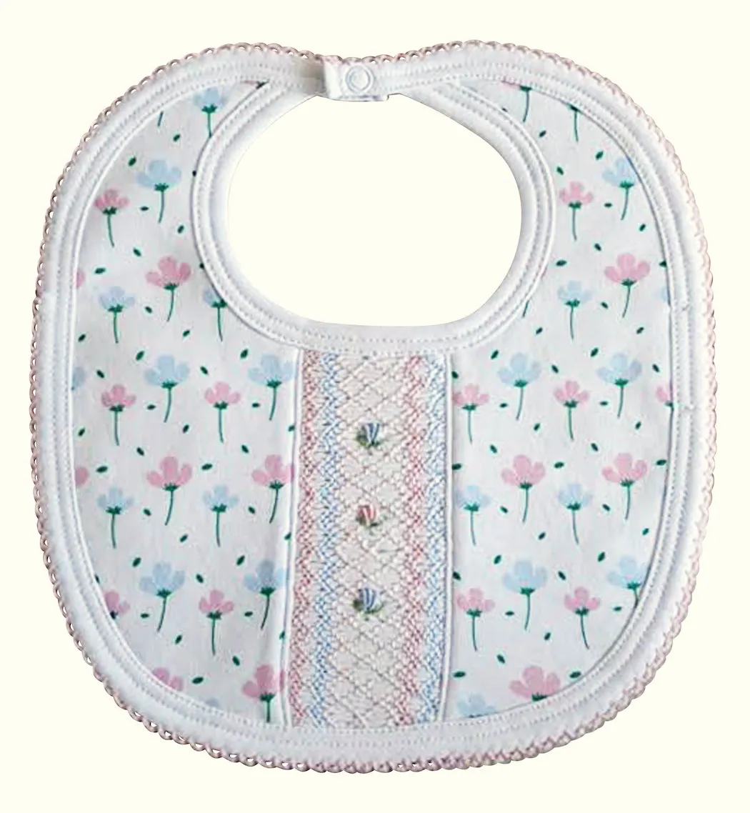 Hand smocked Spring flowers bib Pima Cotton