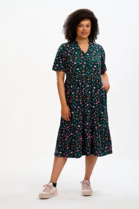 Heather Jersey Midi Smock Dress - Dark Green, Forest Floral