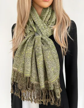 LARGE GREEN REVERSIBLE GEOMETRIC PAISLEY PRINT PASHMINA SHAWL SCARF WRAP