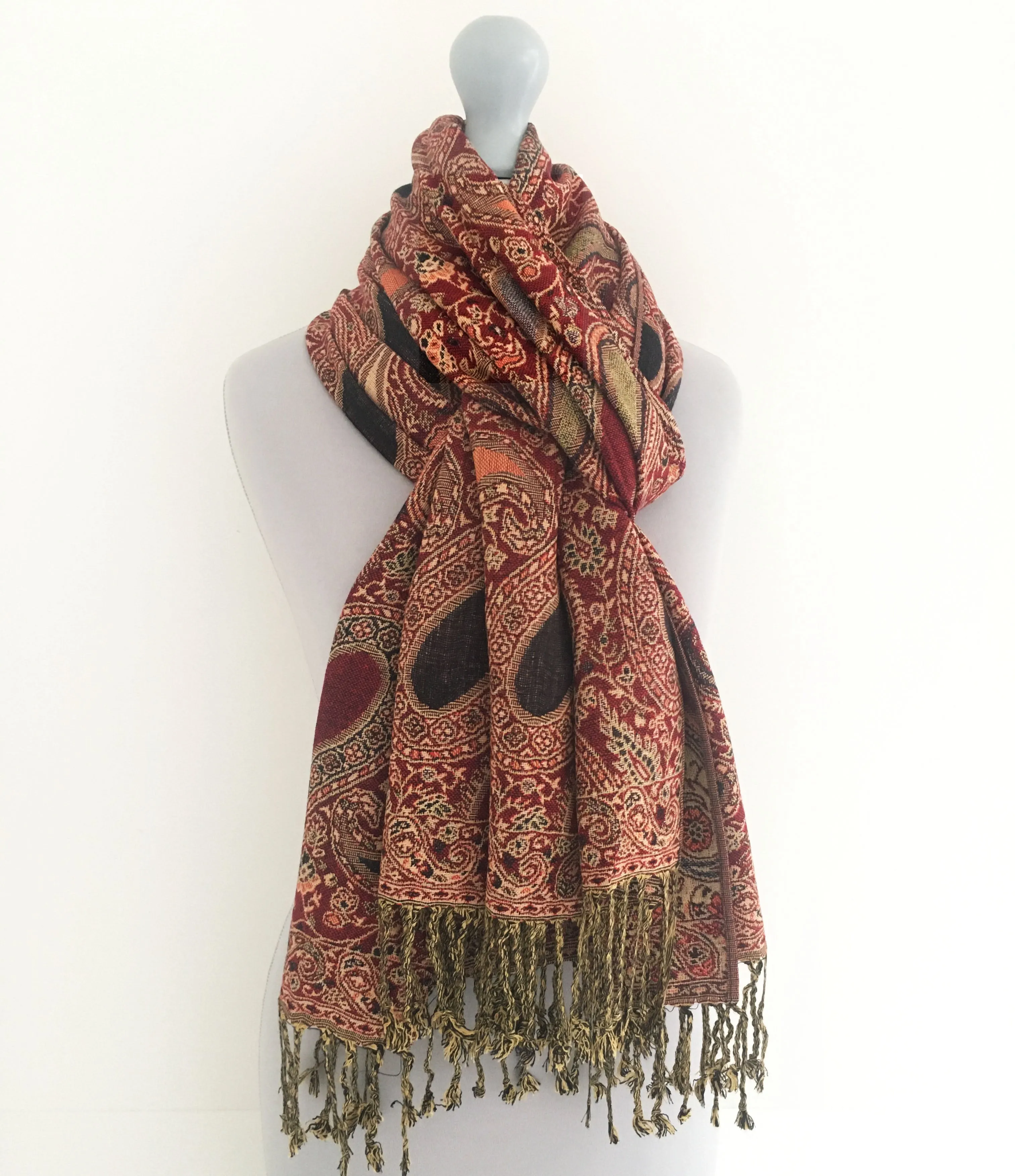 LARGE RED MULTI COLOUR PAISLEY PRINT PASHMINA SHAWL SCARF