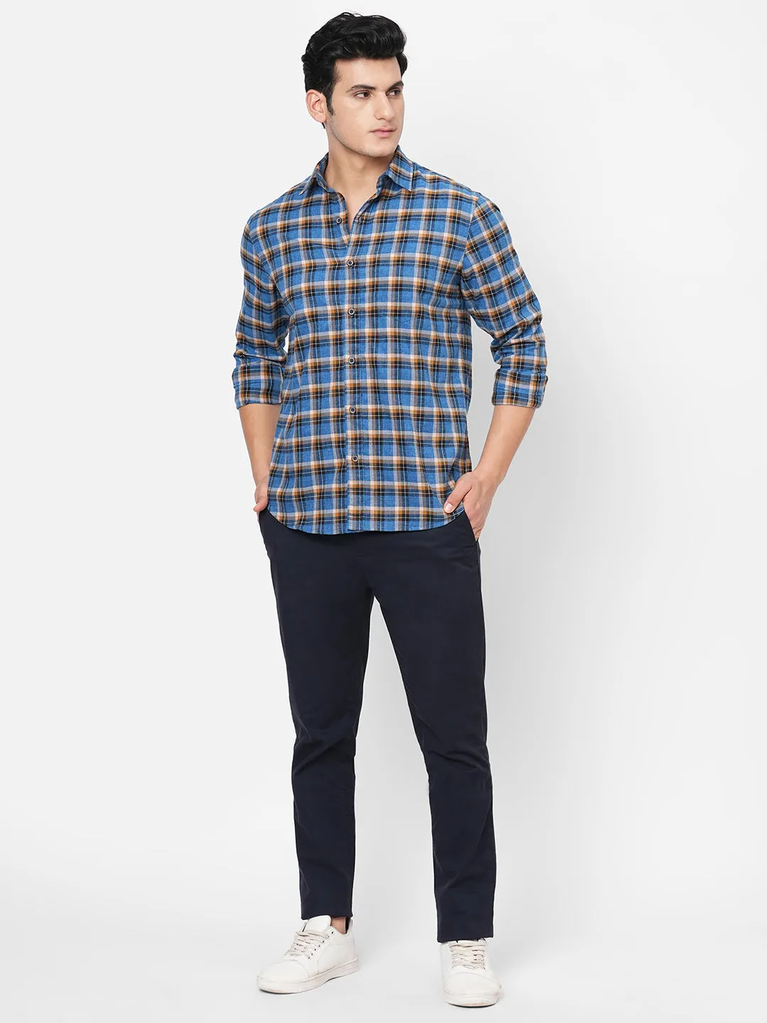 Men's Navy Cotton Regular Fit Checked Shirt