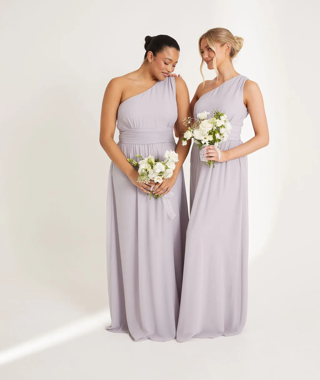 One Shoulder Pleated Waist Chiffon Bridesmaid Dress - Dusty Lilac