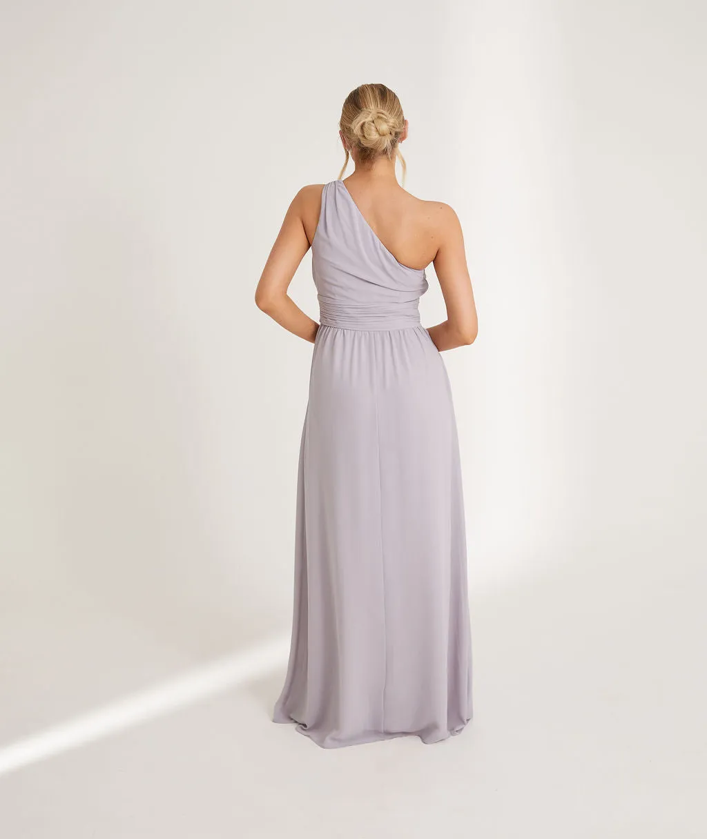 One Shoulder Pleated Waist Chiffon Bridesmaid Dress - Dusty Lilac