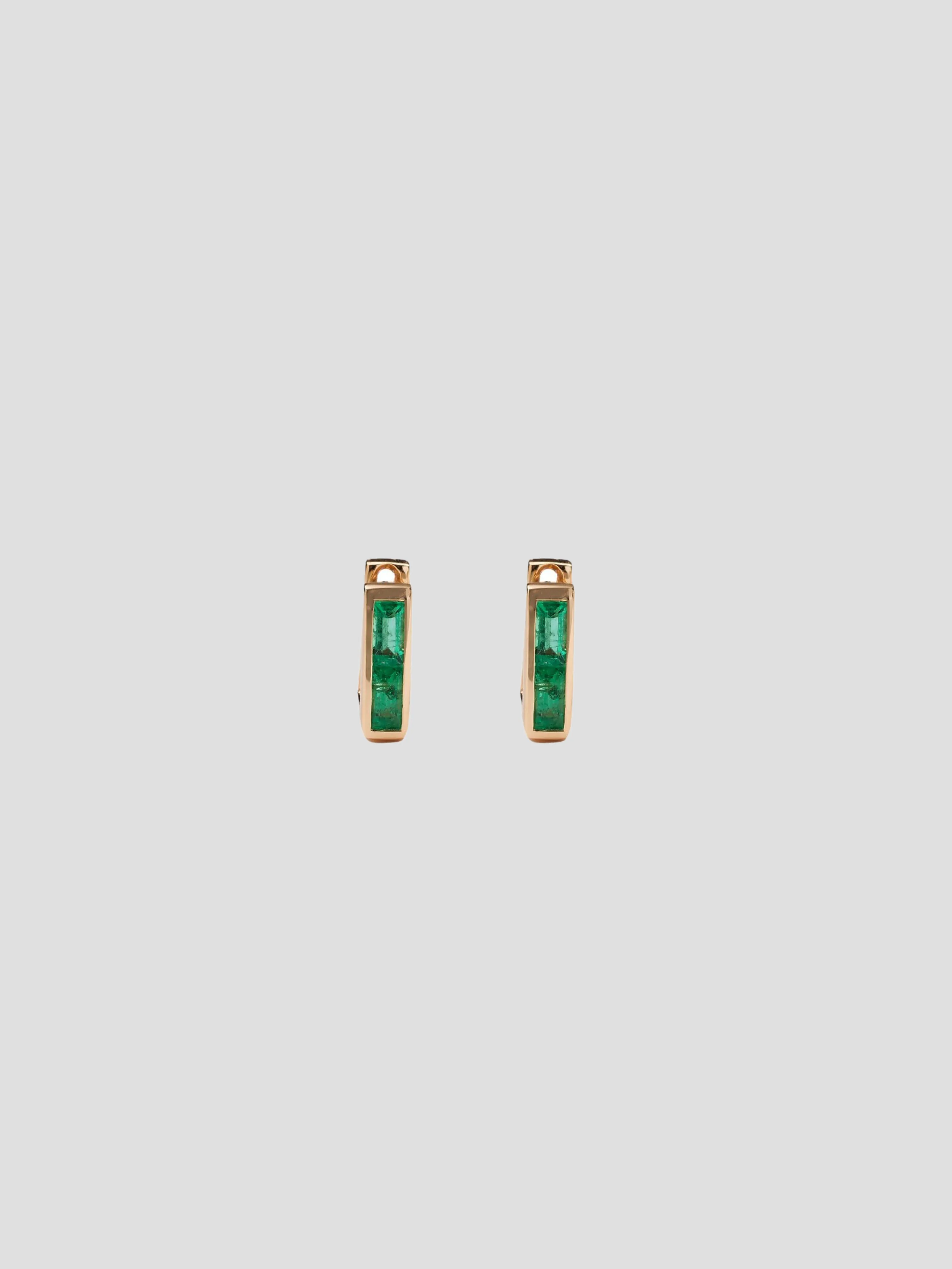 Rose Gold Chubby Square Huggie Earrings w/ Emerald Baguettes