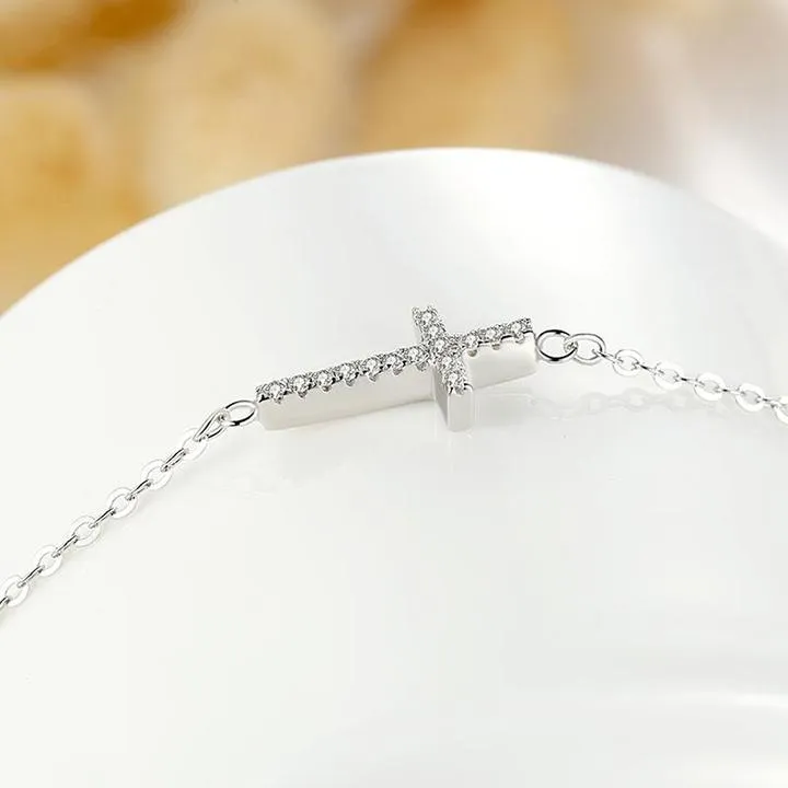 Sterling Silver Sideways CZ Cross Necklace