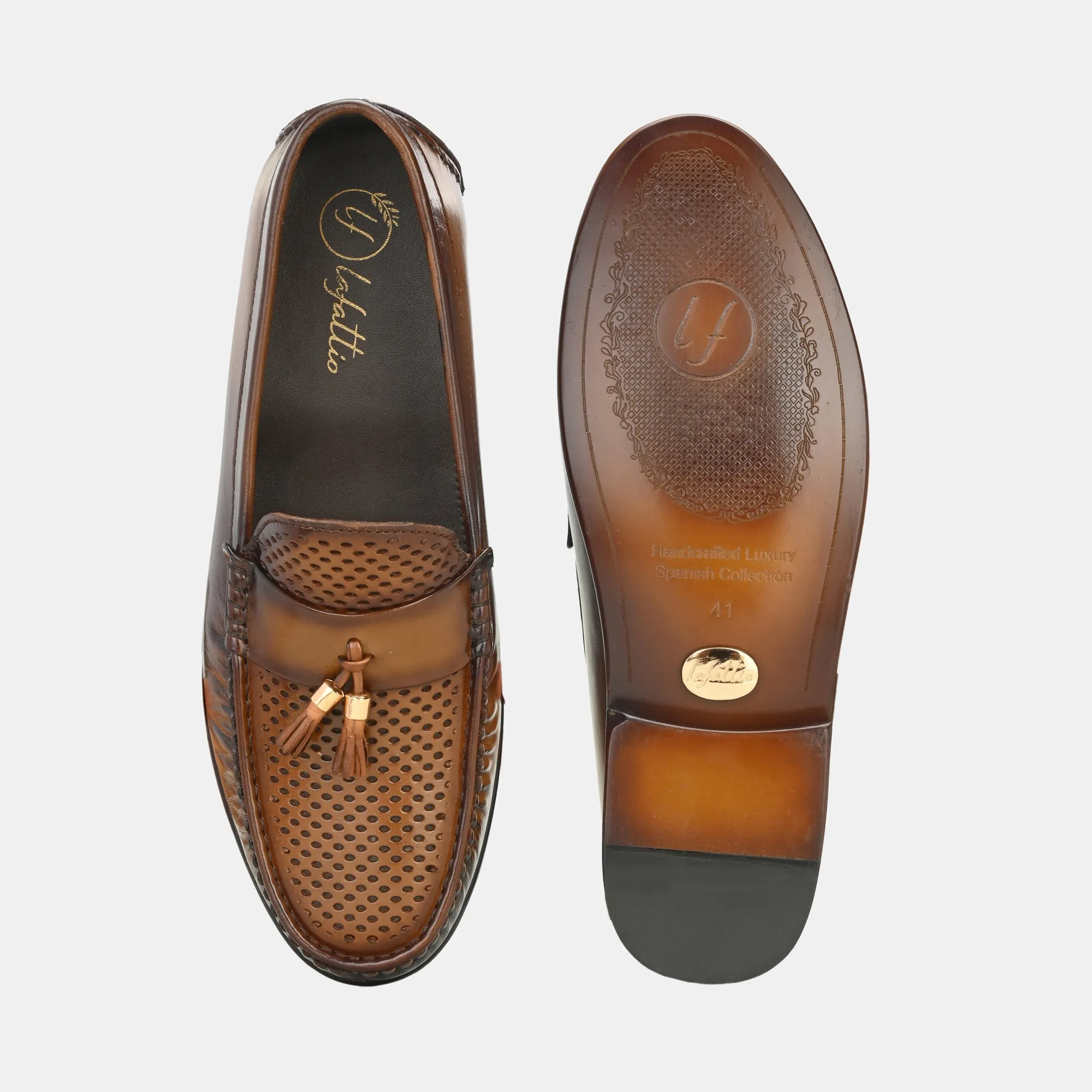 Tan Perforated Tassel Loafers by Lafattio