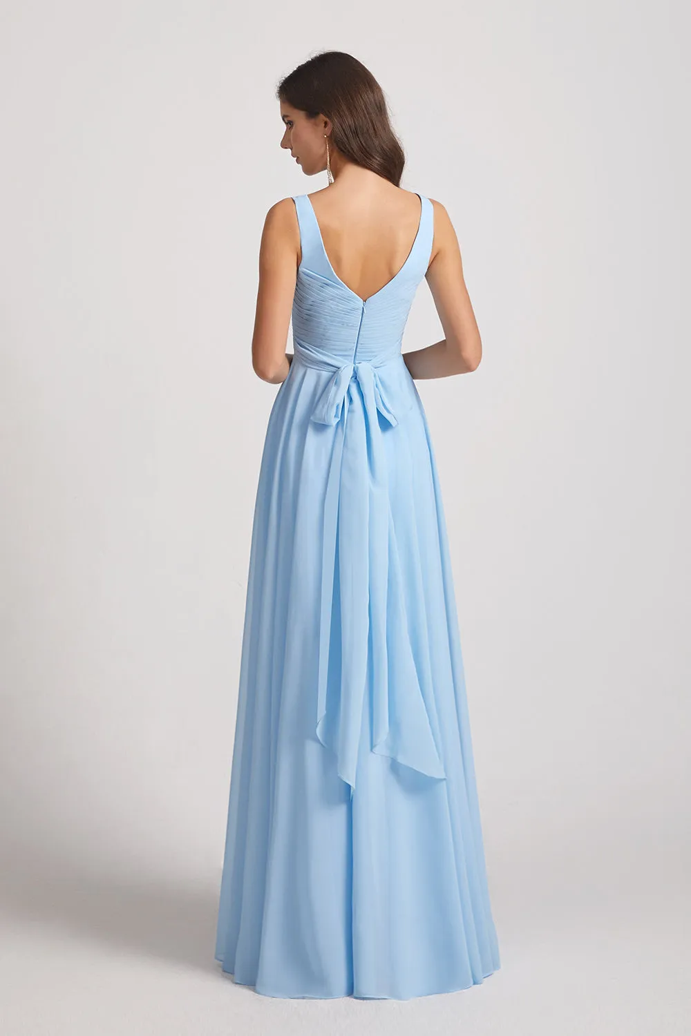 V-Neck Sleeveless Pleated Chiffon Bridesmaid Dresses with Back Tie (AF0145)