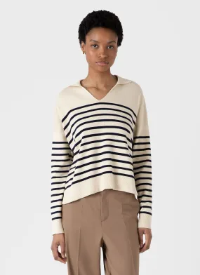 Women's Open Neck Jumper in Ecru/Navy Breton Stripe