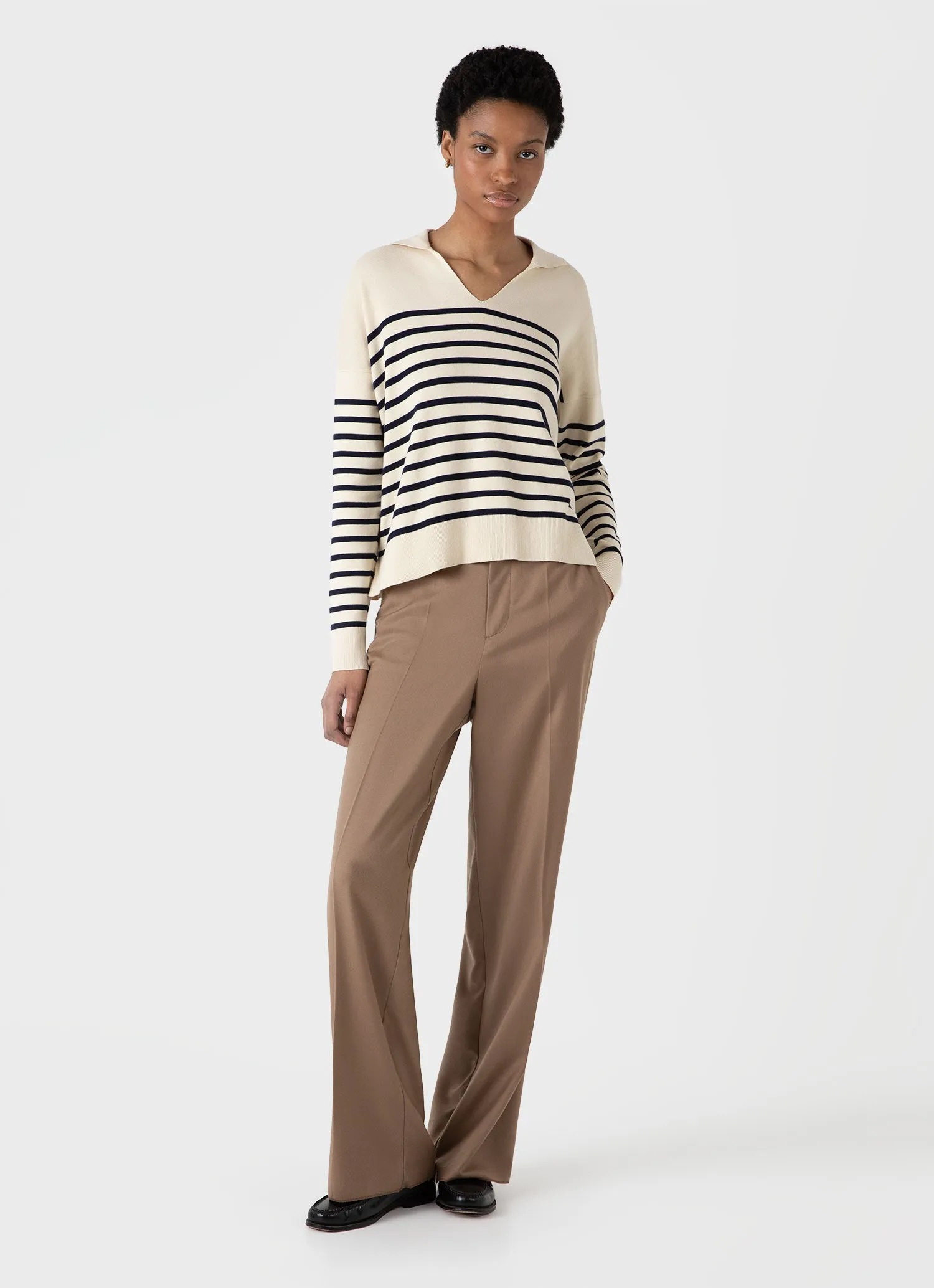 Women's Open Neck Jumper in Ecru/Navy Breton Stripe