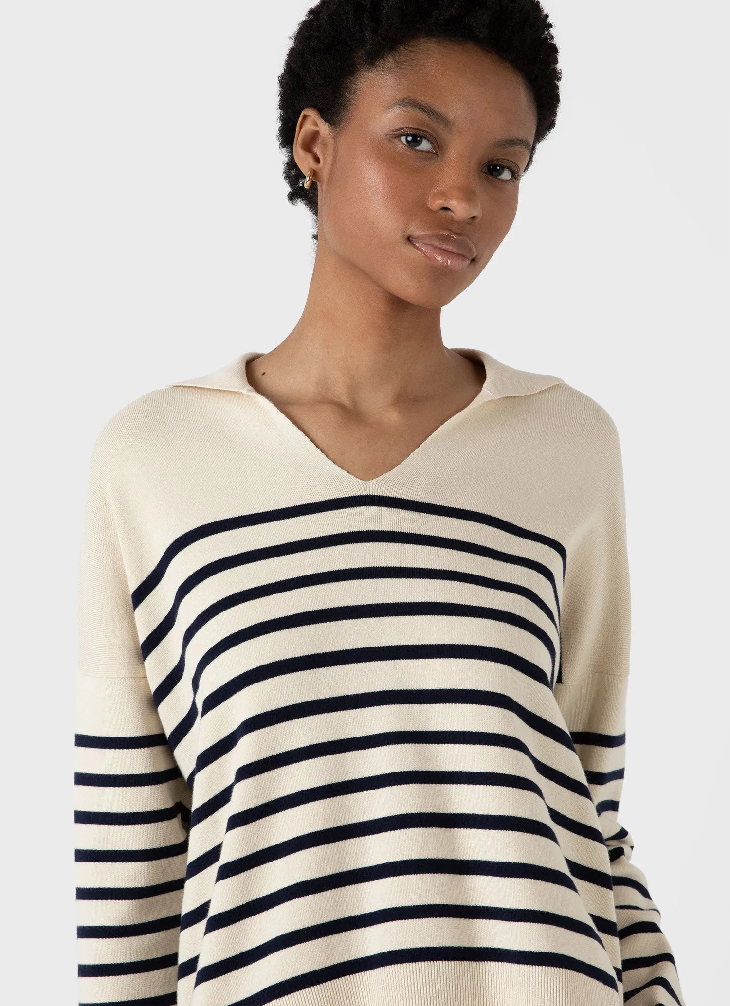 Women's Open Neck Jumper in Ecru/Navy Breton Stripe