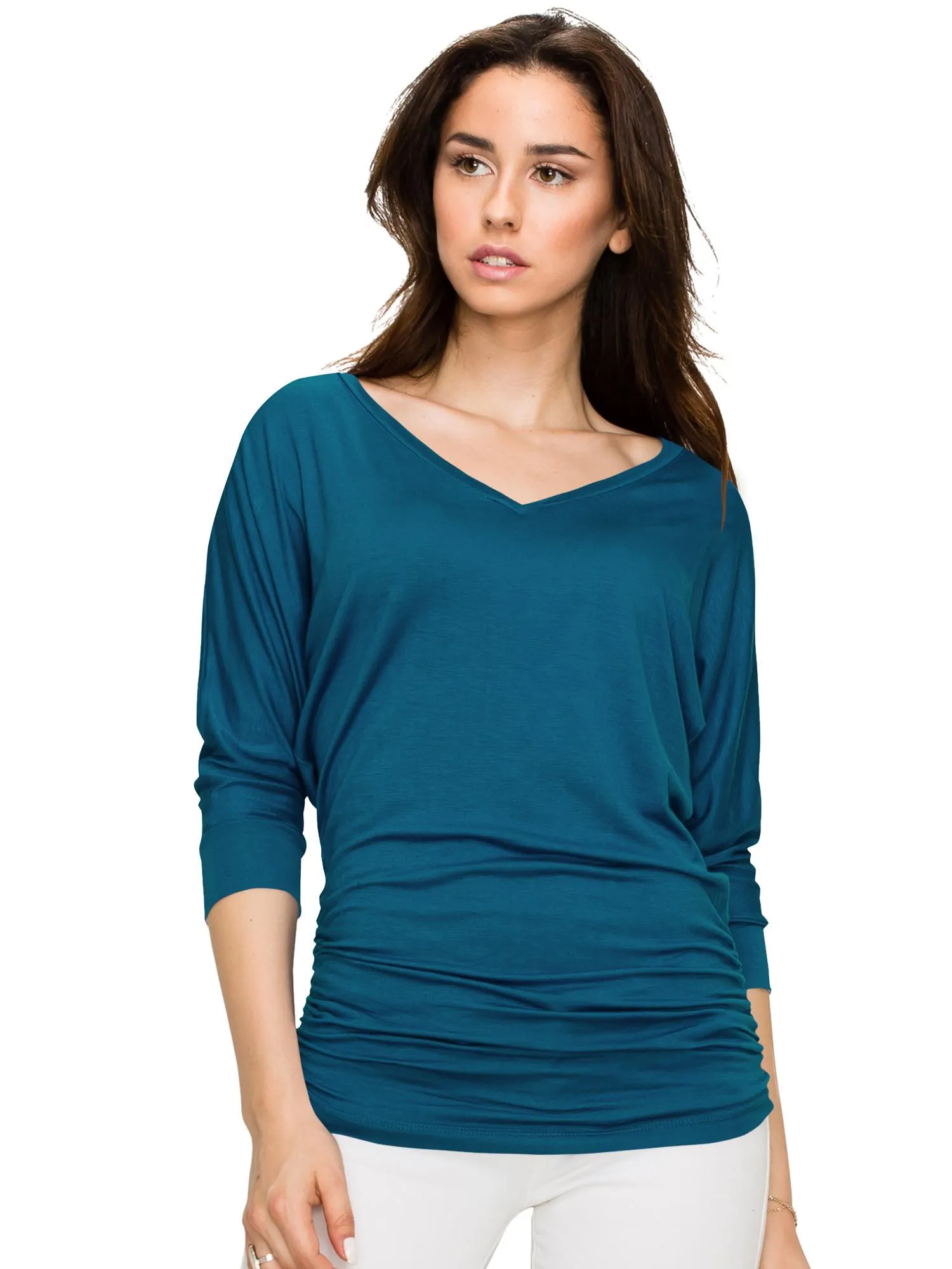 Women's V Neck 3/4 Sleeve Drape Dolman Shirt Top with Side Shirring