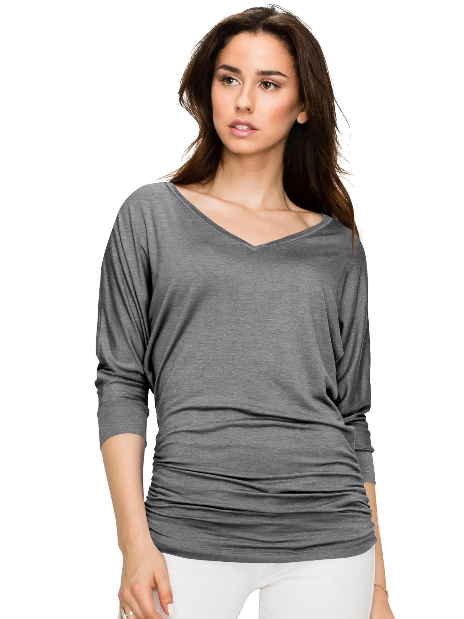 Women's V Neck 3/4 Sleeve Drape Dolman Shirt Top with Side Shirring