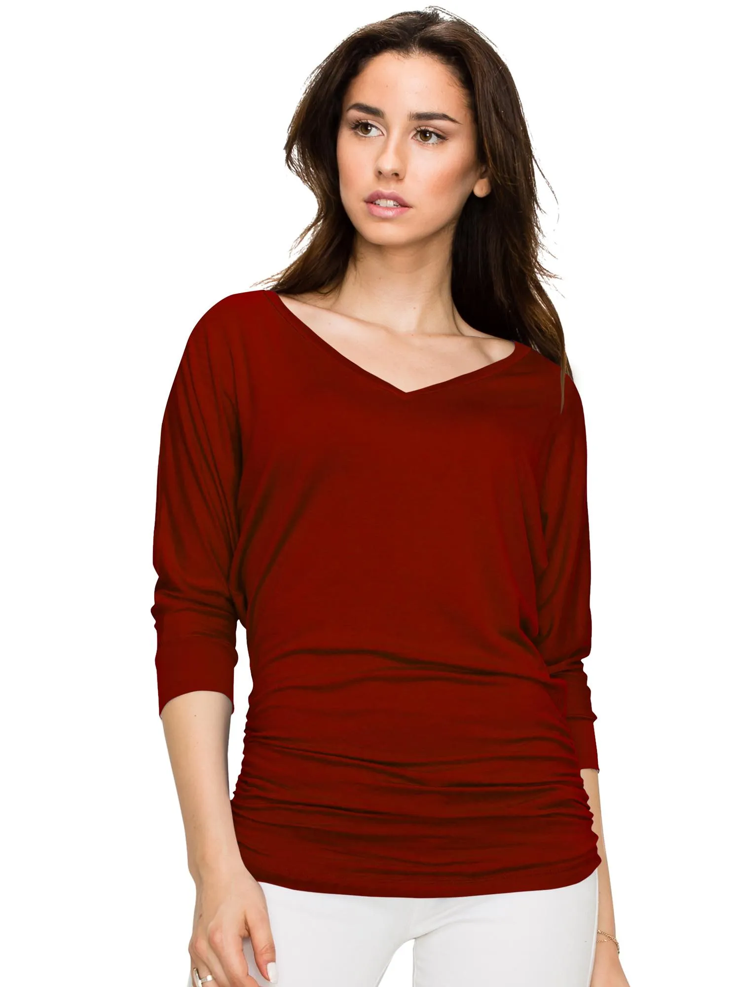 Women's V Neck 3/4 Sleeve Drape Dolman Shirt Top with Side Shirring