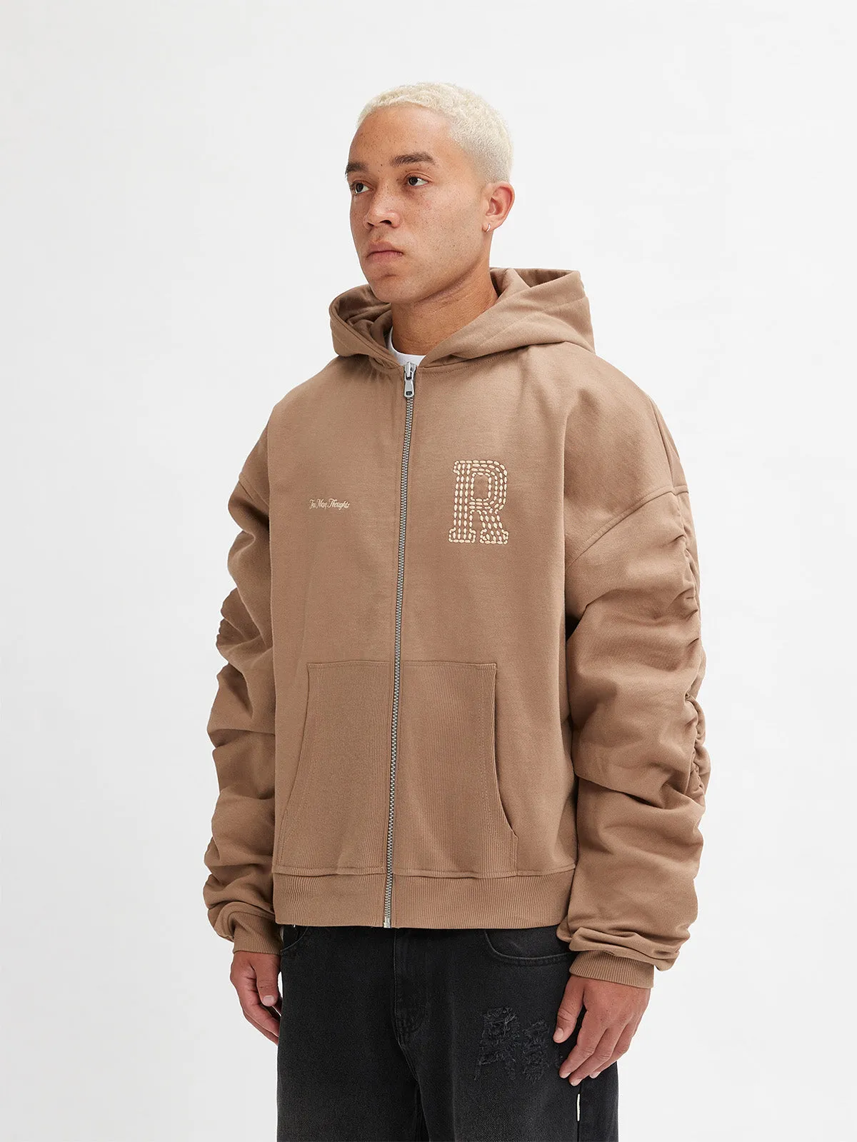 ZIP HOODIE WITH RIB POCKET - BROWN