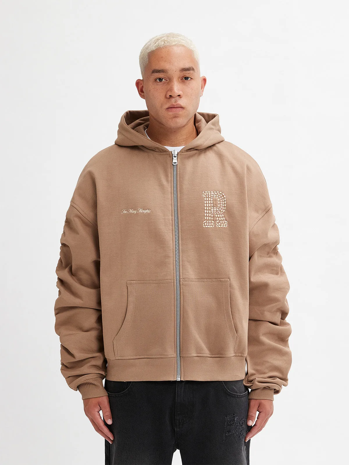 ZIP HOODIE WITH RIB POCKET - BROWN