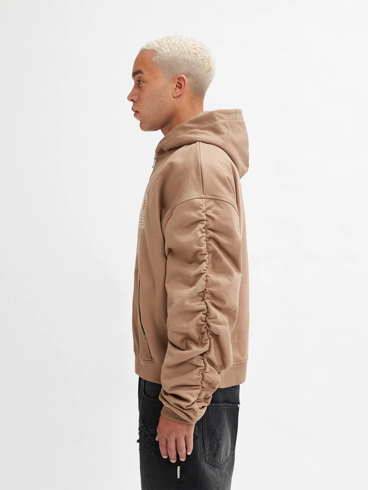 ZIP HOODIE WITH RIB POCKET - BROWN