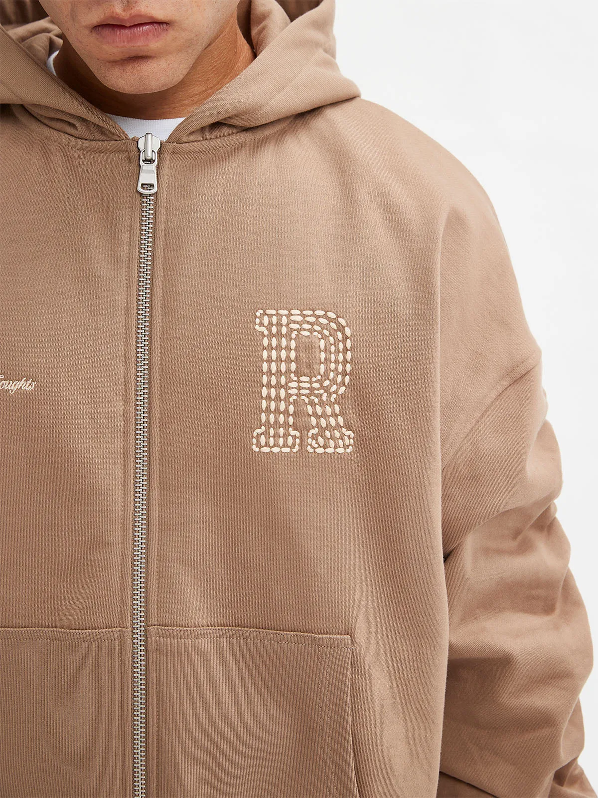 ZIP HOODIE WITH RIB POCKET - BROWN